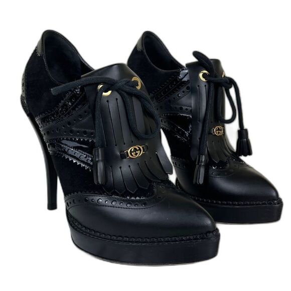 Gucci Women Size 8.5 Black Leather Wimbledon Tassels Brogue Bootie Heel Platform - Picture 1 of 15